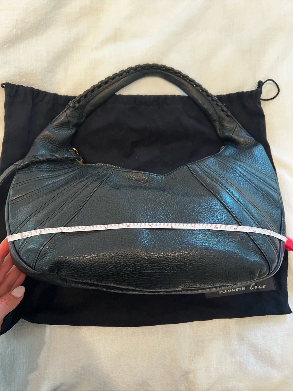 Kenneth Cole Black Pebbled Leather Hobo Shoulder Bag Braided Strap - Picture 4 of 5